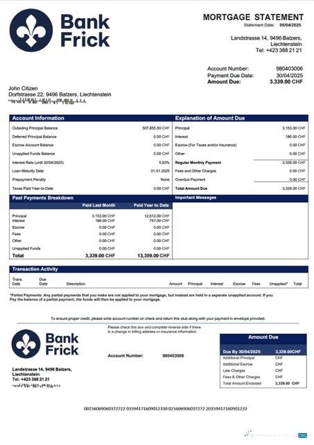 Download Liechtenstein Bank Frick & Co mortgage statement Word and PDF template Photoshop template